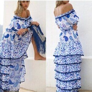 Jody Bell Off The Shoulder Hi-Low Layered Silk Dress Blue Paisley Print